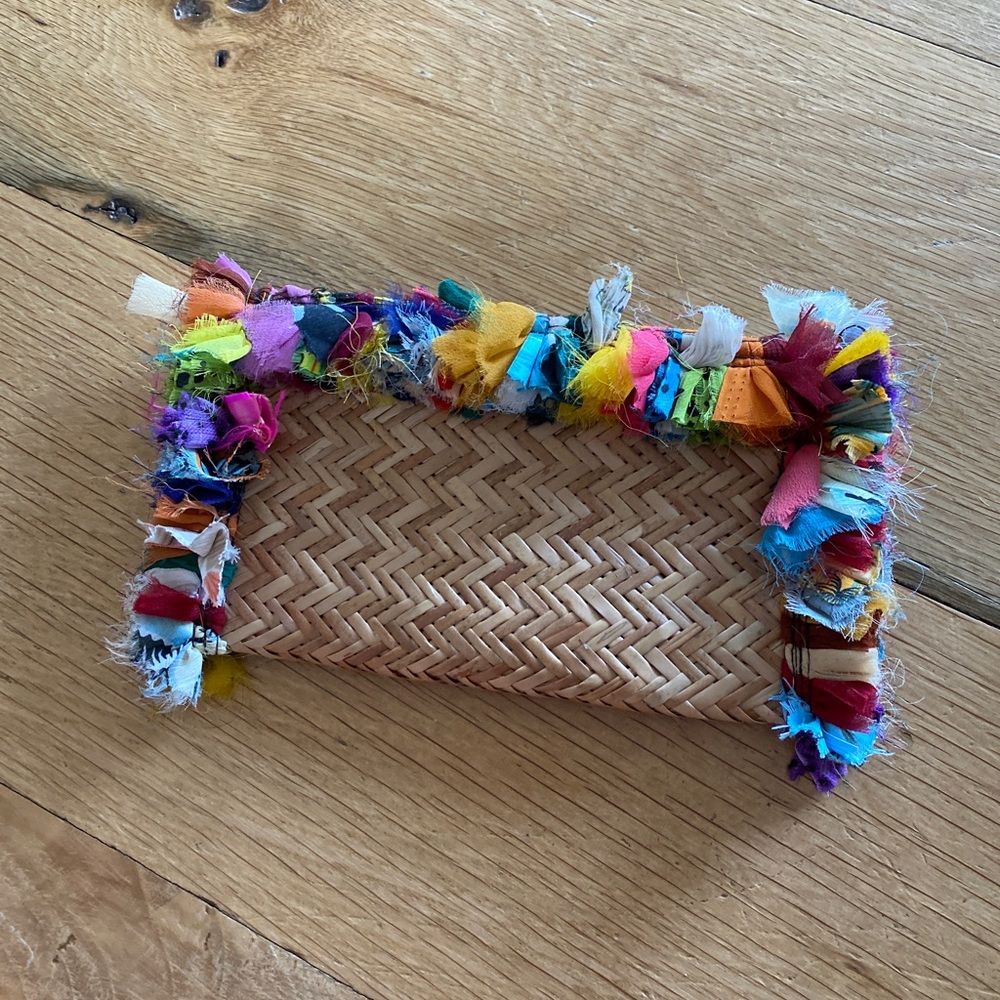 Anthropologie Rattan Bamboo India Clutch Wallet Handbag Boho Multicolor Pattern